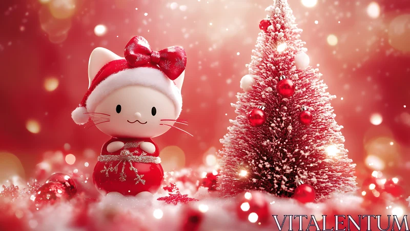 3D kawaii Christmas cat figurine with stylized red tree.