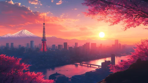 Sunset-illuminated Tokyo skyline framed by cherry blossoms and river