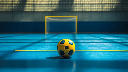 Indoor futsal ball on polished blue court under directional skylight