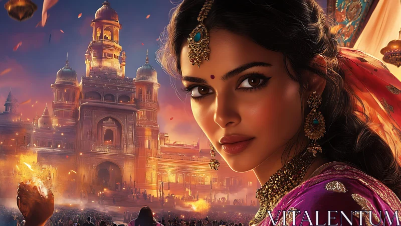 Regal woman before illuminated palace at festival night.