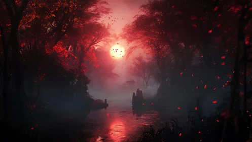 Crimson mist over tranquil forest river at burning dusk.