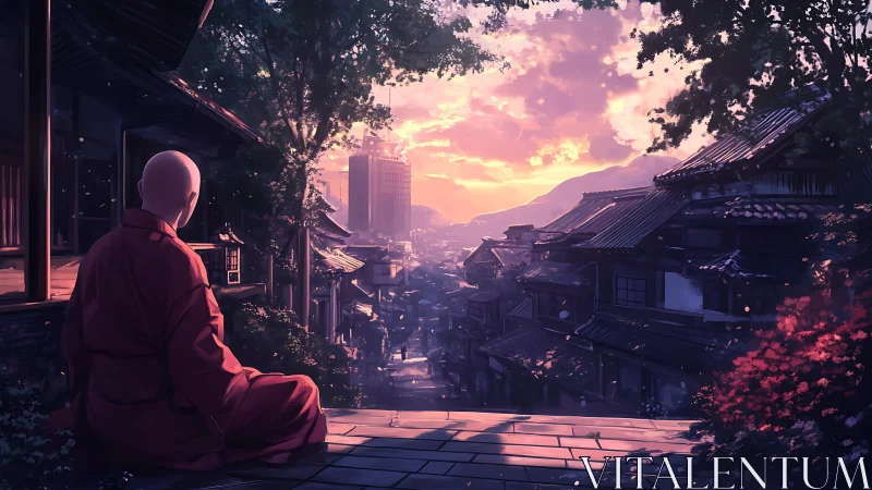 Solitary monk overlooking sunlit traditional hillside street