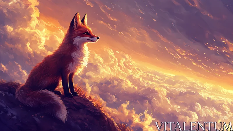 Luminous vulpine sentinel surveying stratified sunset cloudsea.