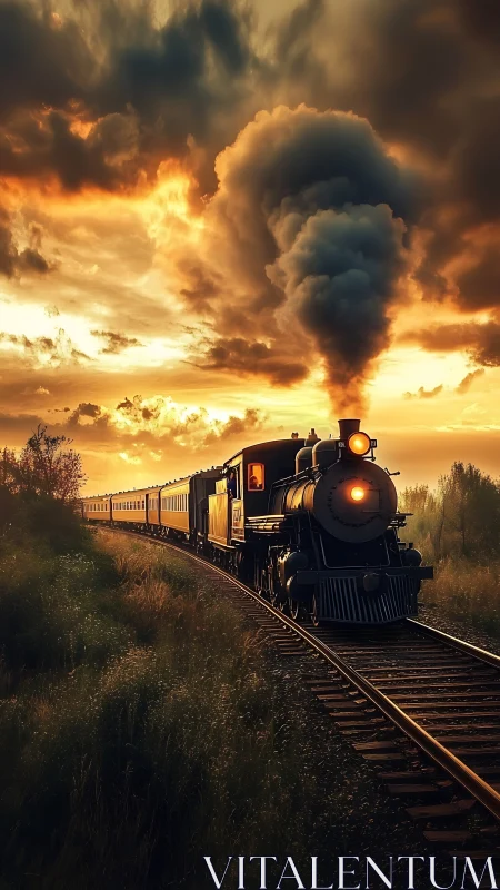 Steam locomotive at sunset on rural single-track railway