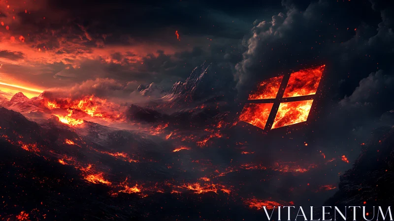 Apocalyptic Landscape with Burning Cross in Fiery Sky