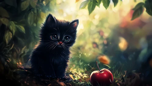 Black Kitten in Garden with Golden Sunlight.