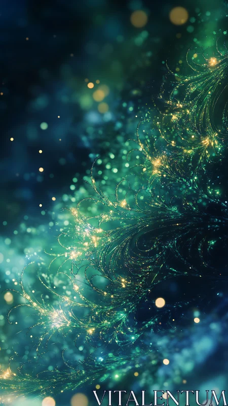 Glowing teal fractal lights curl gently through soft darkness