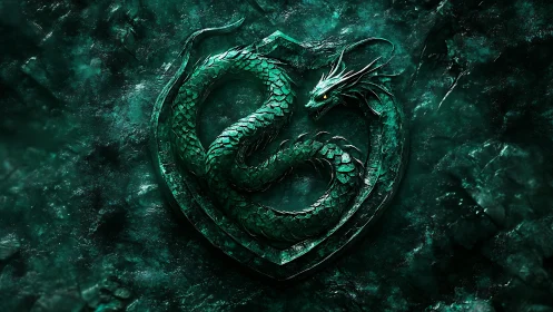 Emerald dragon crest coiled in a storm of textured stone.