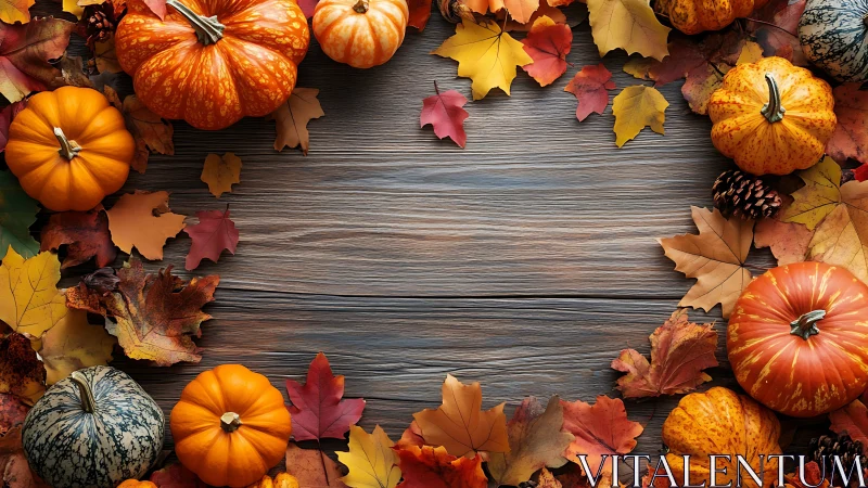 Autumn pumpkins and leaves framing rustic wooden table.
