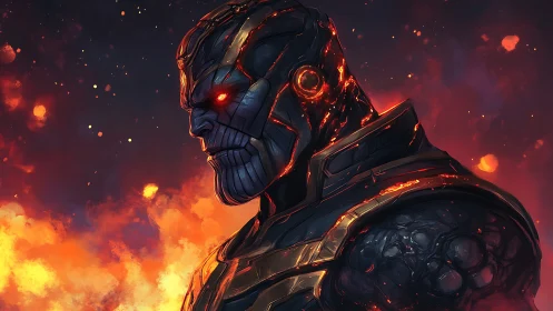 Armored cosmic warlord with molten lava armor profile.