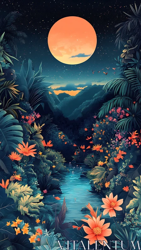 Tropical river valley extends under oversized glowing moon