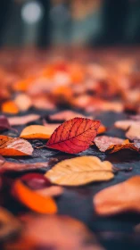 Red leaf on wet ground among blurred autumn foliage.