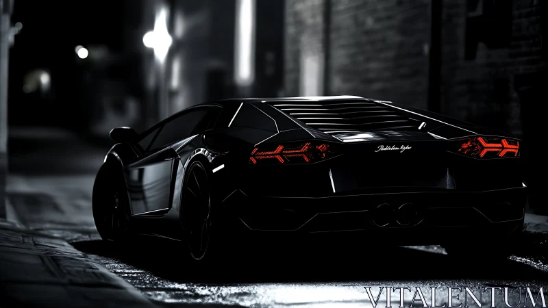 Sleek black supercar parked in dimly lit urban alleyway.