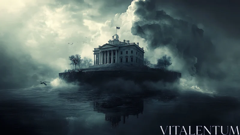 Storm veiled neoclassical mansion adrift on dark waters.