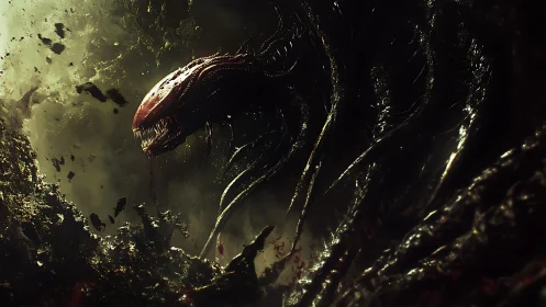 Digital painting of abyssal alien predator in toxic gloom.