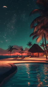 Tropical infinity pool at neon-lit moonlit beachfront resort.