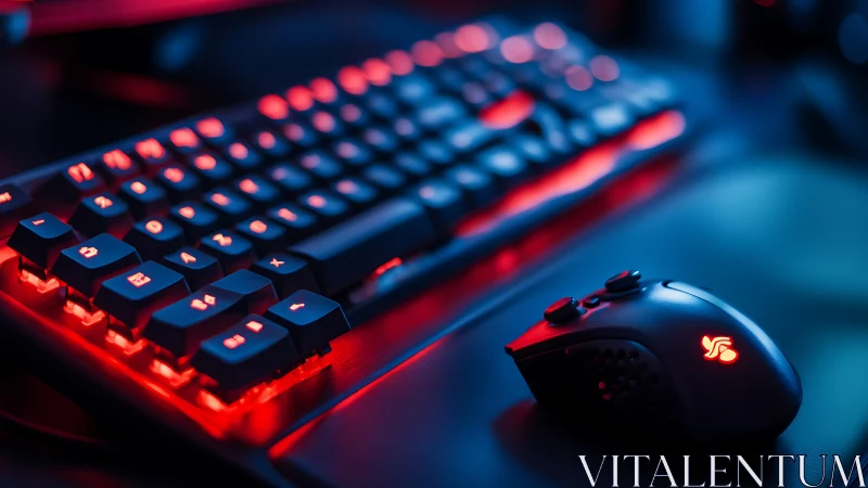 RGB gaming keyboard and mouse in neon bokeh lighting setup.