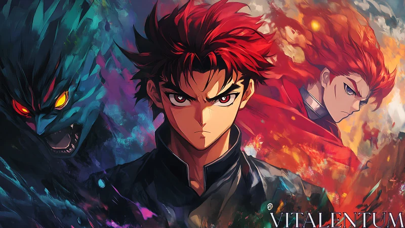 Red haired anime hero confronts inner demon and rival