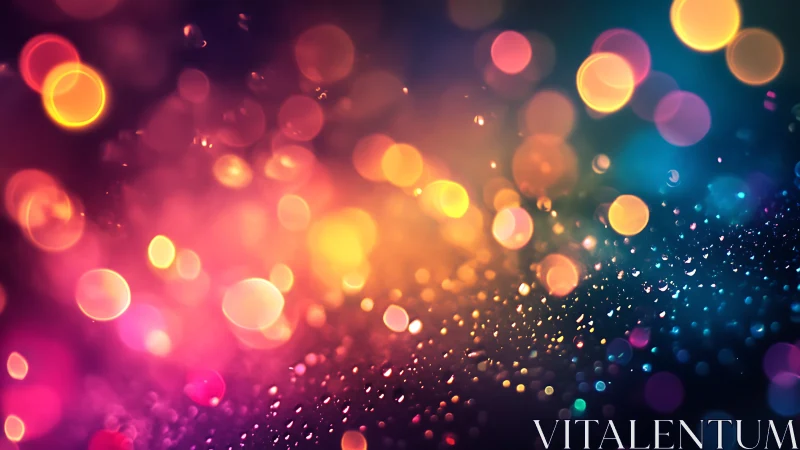 Multicolor bokeh lights over droplets on dark gradient background.