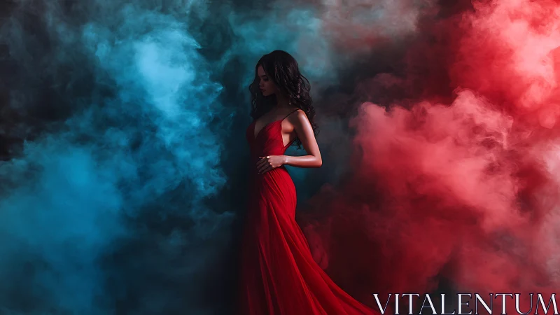 Photographic portrait in red gown amid bicolor smoke field.