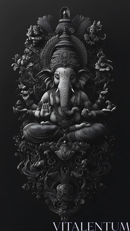 Elephant-headed deity sculpture rendered with intricate relief detail