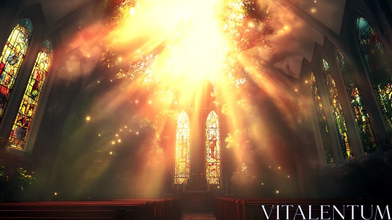 Sunlit cathedral nave glows through radiant stained glass.