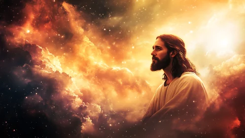 Figure in white robe is framed against luminous space clouds