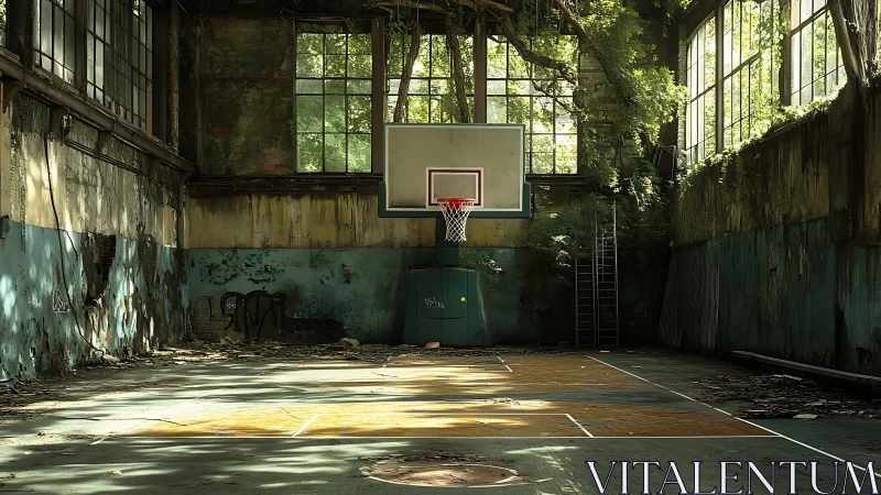 Vines reclaim the forgotten basketball court in dappled silence