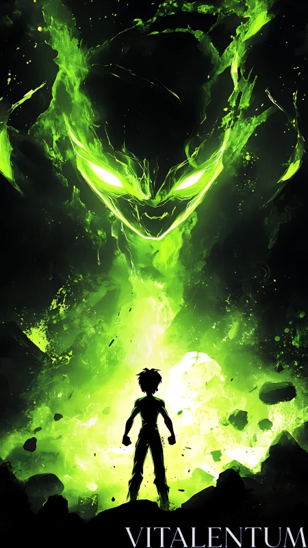 Silhouetted figure below large green energy entity form.