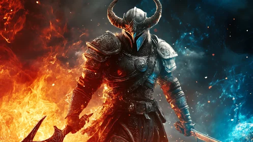 Digital painting of elemental knight in split fire and frost armor.