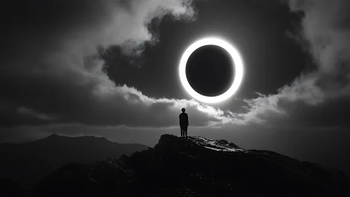 Silhouetted figure observing luminous ringed eclipse.