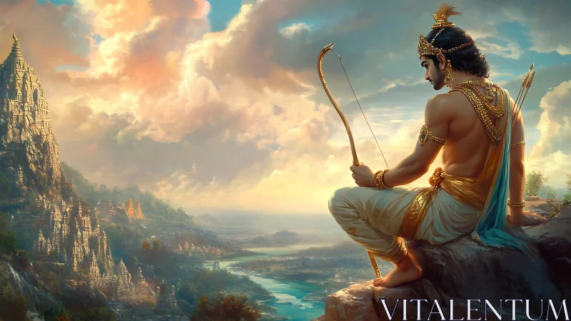 Warrior prince contemplates a mythic river kingdom at dawn