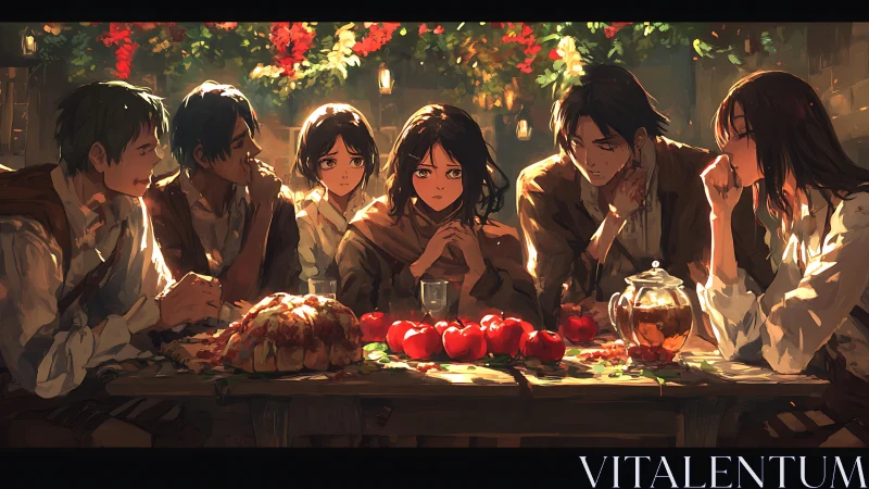 Candlelit harvest supper with pensive friends in anime style.