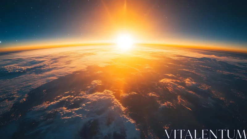Photorealistic orbital sunrise with luminous atmospheric rim.
