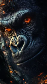 Gorilla close-up with burning ember eyes and molten shadows.