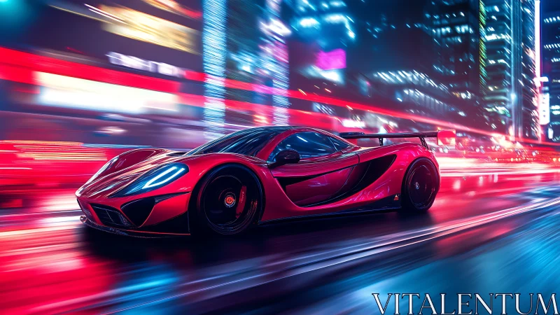 Ultramodern red hypercar in neon-lit wet urban nightscape