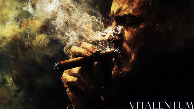 Textured chiaroscuro portrait depicts man exhaling cigar smoke slowly