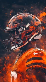 Digital painting of fiery football player in profile view.