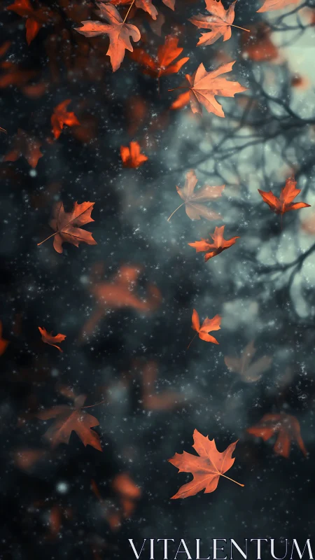 Cinematic depth-of-field cascade of falling maple foliage.