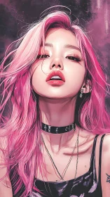 Confident pink haired woman in bold digital portrait.