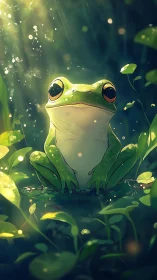 Emerald tree frog in sunlit pond, cinematic bokeh glow.