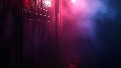 Moody misty alley glowing with soft neon night light.