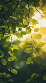 Sunlit green leaves drifting quietly through soft forest air.
