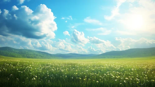 Photorealistic meadow panorama under expansive summer sky.