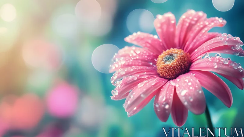 Pink daisy with water droplets and bokeh background.