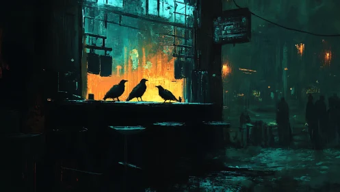 Urban night bar window with silhouetted birds and figures.