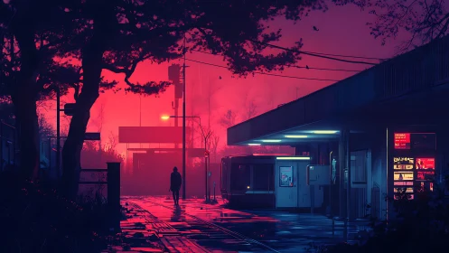 Neon dusk commuter drifts through a rain-glossed station.