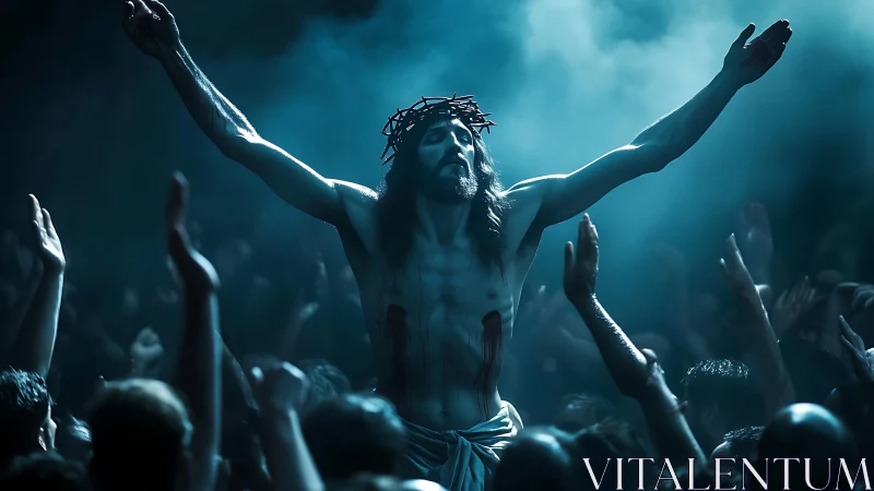 Dramatic blue-lit Christ figure rises above a worshipping crowd