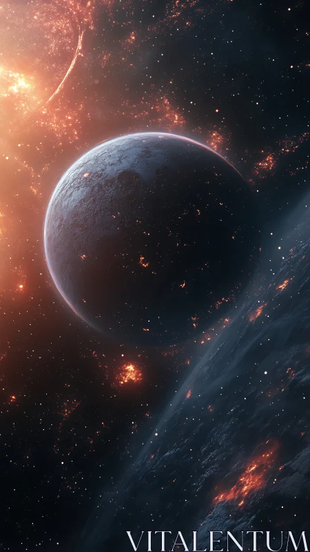 Distant planets glow softly amid warm, fiery starlight