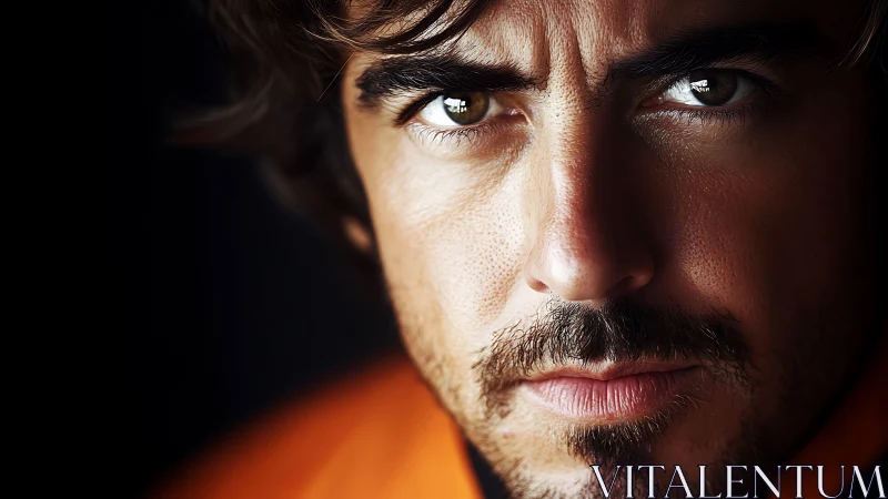 Intense close-up portrait of man in orange jacket.